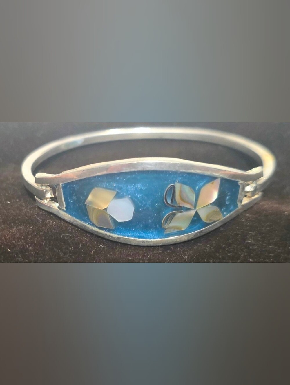 Vintage Sterling Silver Bangle With Mother Of Pearl & Abalone Inlaid